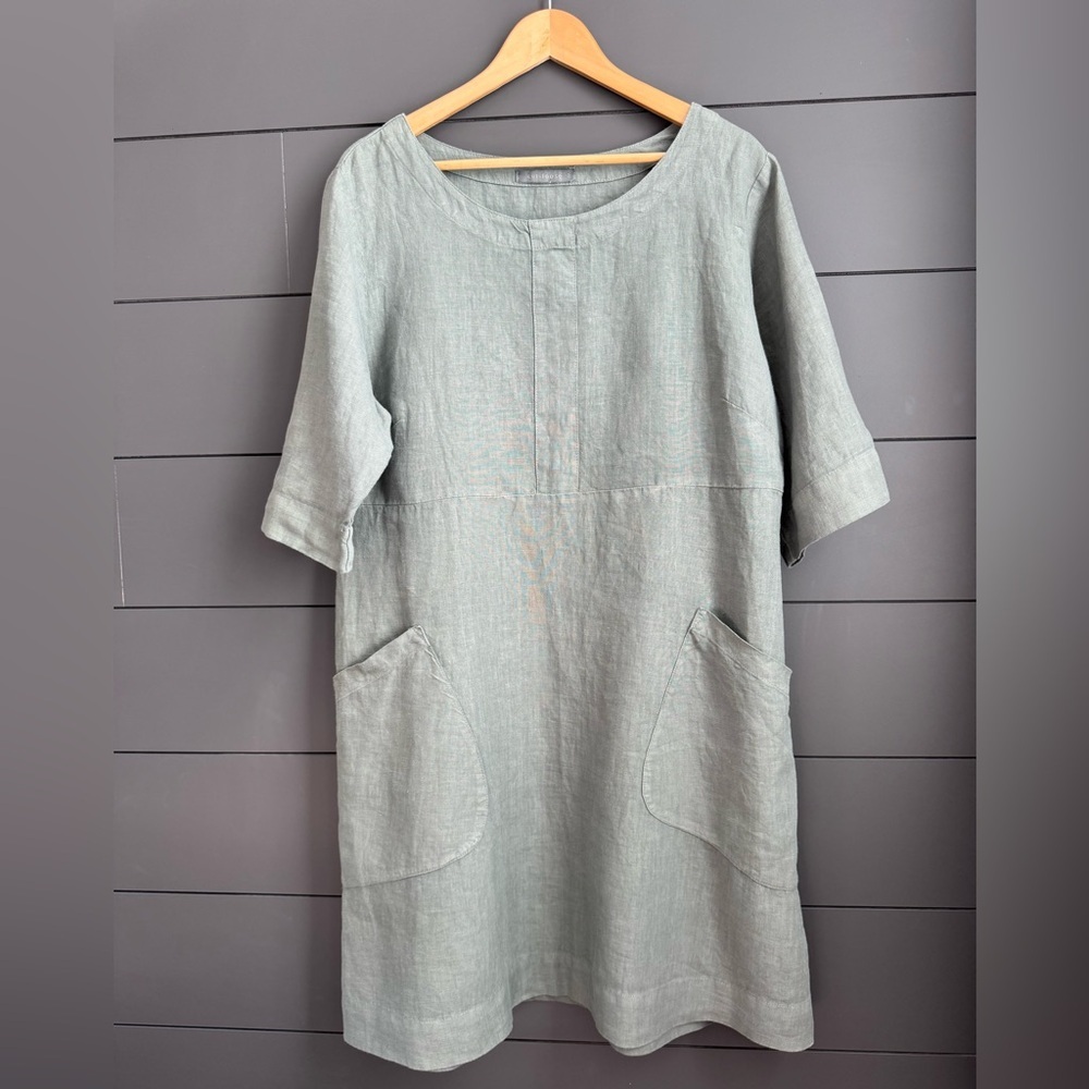Cut Loose Sage Solid Linen Relaxed Dress 3/4 Sleeve Oversized